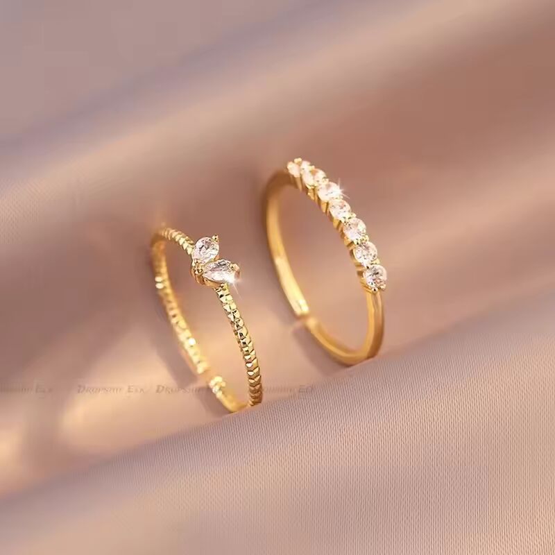 2pcs/set Gold Color Heart Zircon Rings Set for Women Girls Adjustable Minimalism Luxury Twist Ring Fashion Jewelry Wedding Gifts