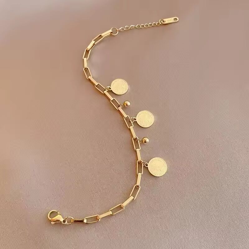 1PCS Gold-color Bracelet Ladies Hip Hop Style Stainless Steel Round Sign Portrait Pendant Wide Cross Chain Jewelry Accessories