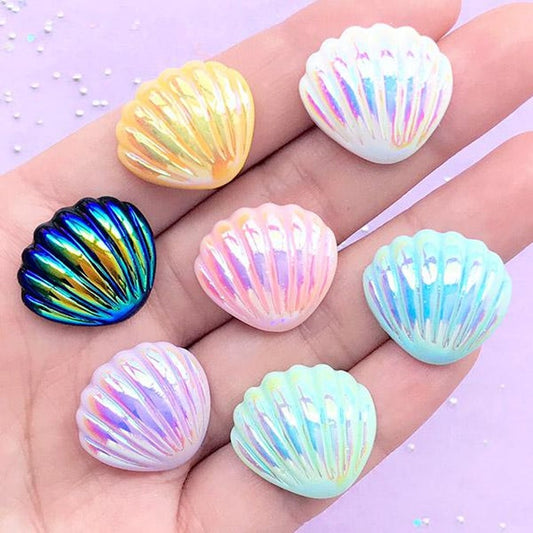 10 Pcs Random Color Resin Clam Shell Pearl Plastic Cabochon Fish Tail Glitter Clear Resin